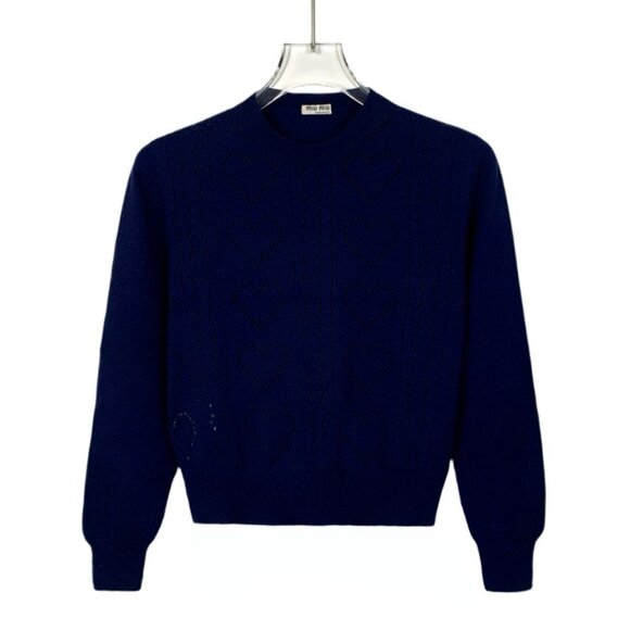 Miu Miu Womens Dark Blue Virgin Wool Heart Pattern Long Sleeve Sweater Size 36 X - Picture 1 of 8